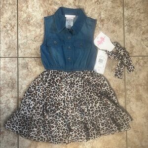 NWT Girls Denim and Leopard Print Dress with Scrunchie